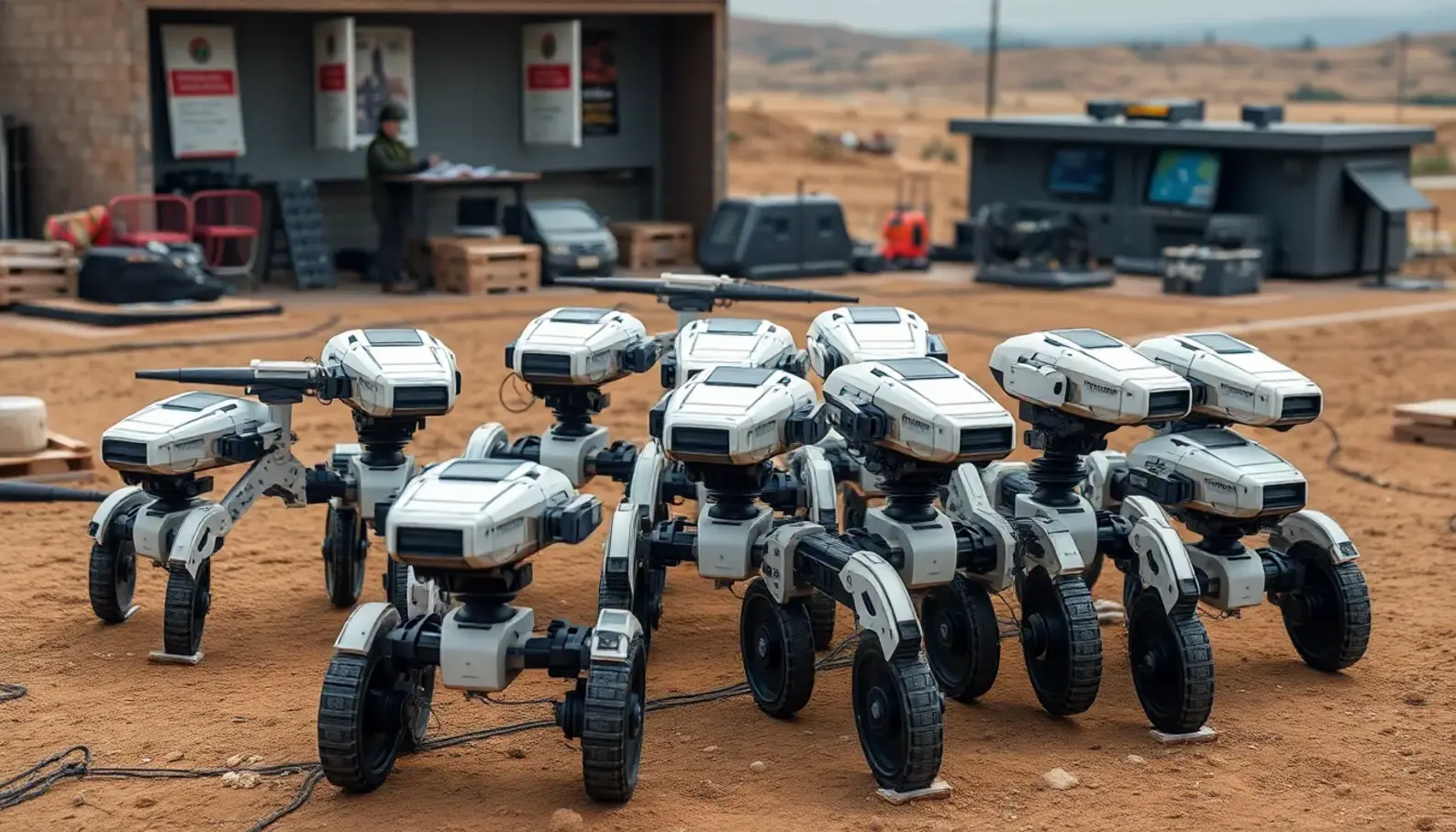 Illustration of swarm robots working in unison within a defense context.