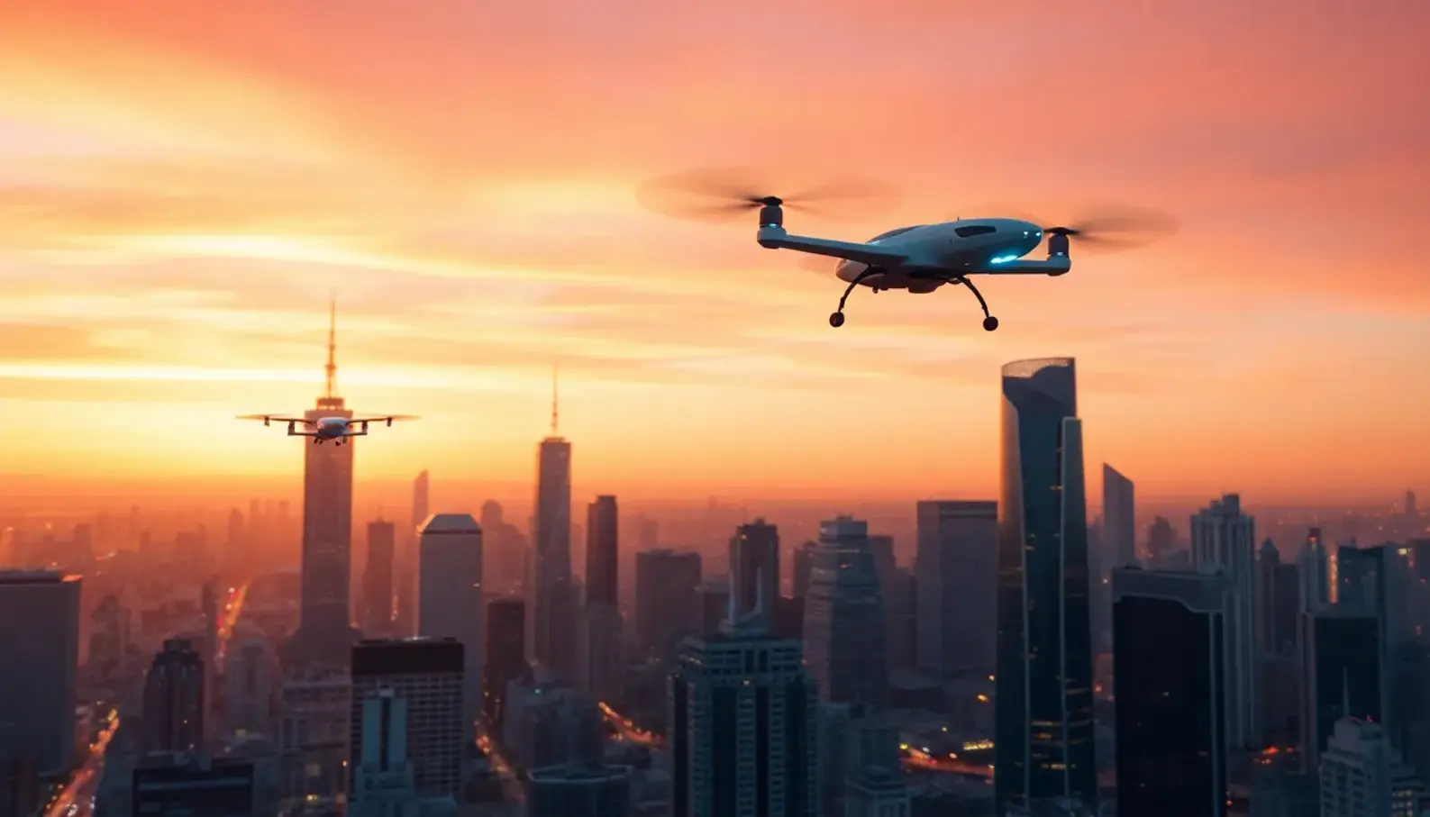 A vibrant view of a future city showcasing the blend of eVTOL aircraft with urban architecture.