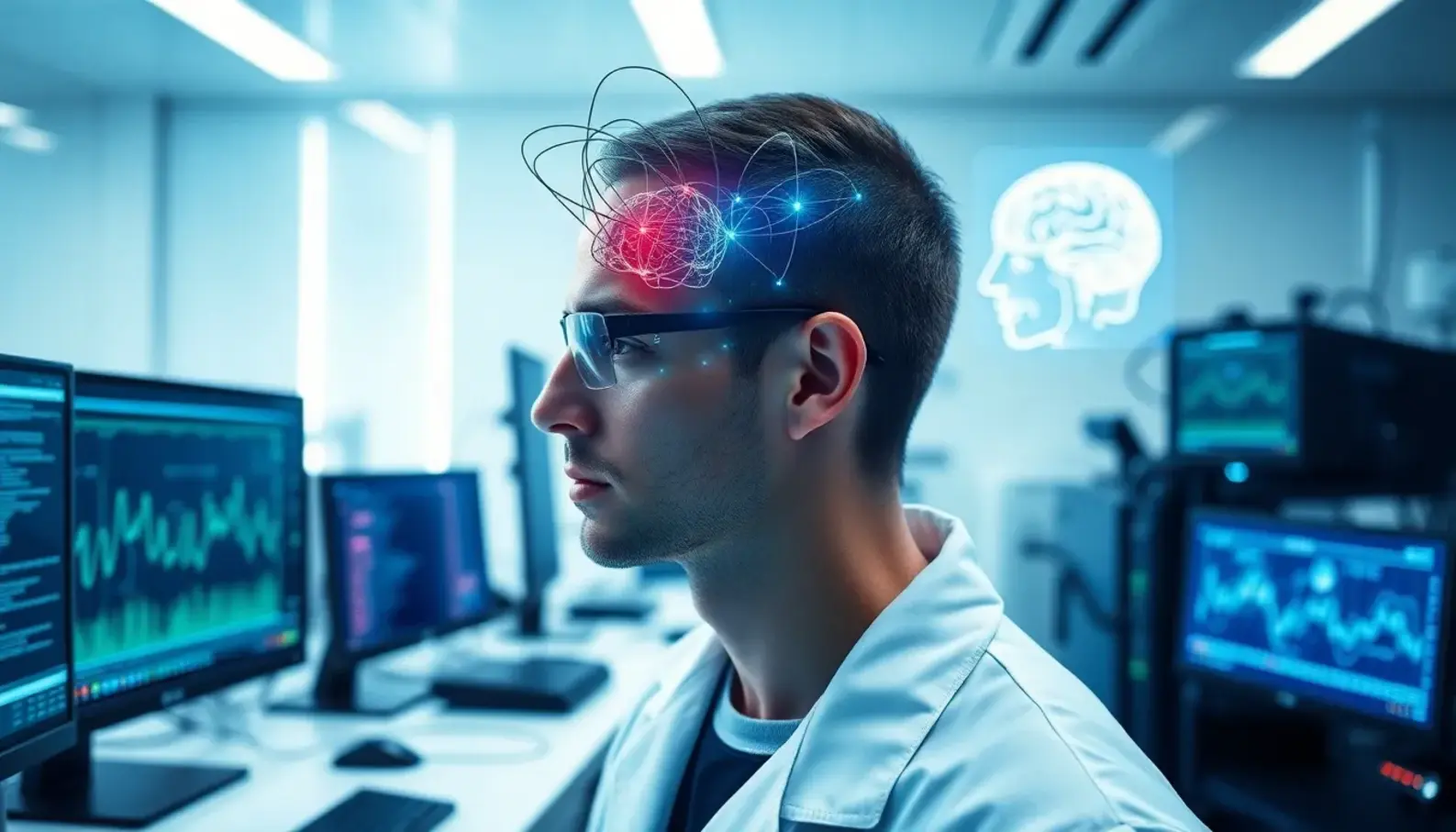 Researchers explore innovations in Brain-Computer Interfaces in a cutting-edge laboratory.