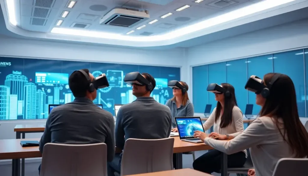 Futuristic classroom with employees using VR technology collaboratively for immersive learning.