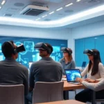 Futuristic classroom with employees using VR technology collaboratively for immersive learning.