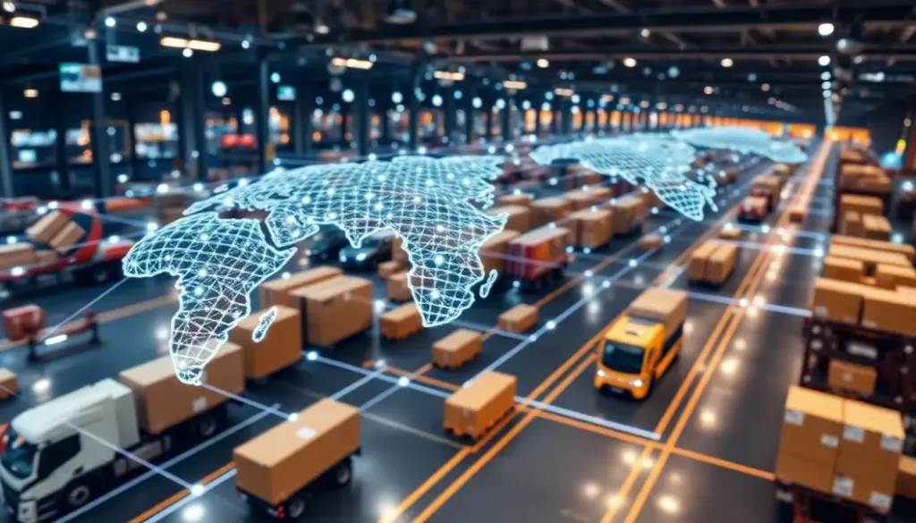 An expansive view of a world map illustrating the global interconnectedness of supply chains aided by AI technologies.