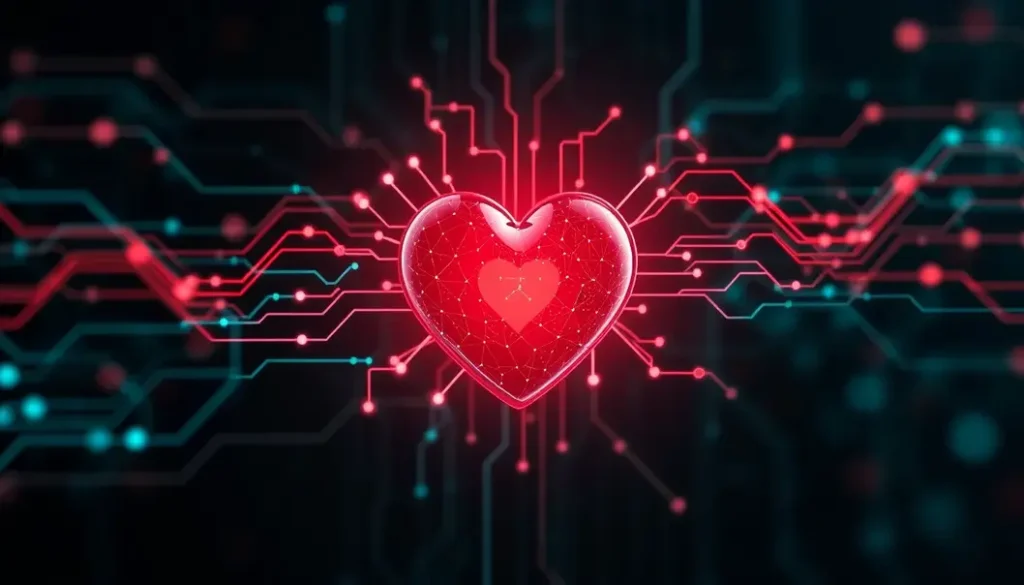 An abstract image symbolizing the connection between healthcare and technology, with data streams flowing into a heart.