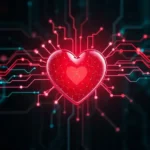 An abstract image symbolizing the connection between healthcare and technology, with data streams flowing into a heart.