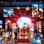A collage highlighting different uses of holographic displays in retail and entertainment.