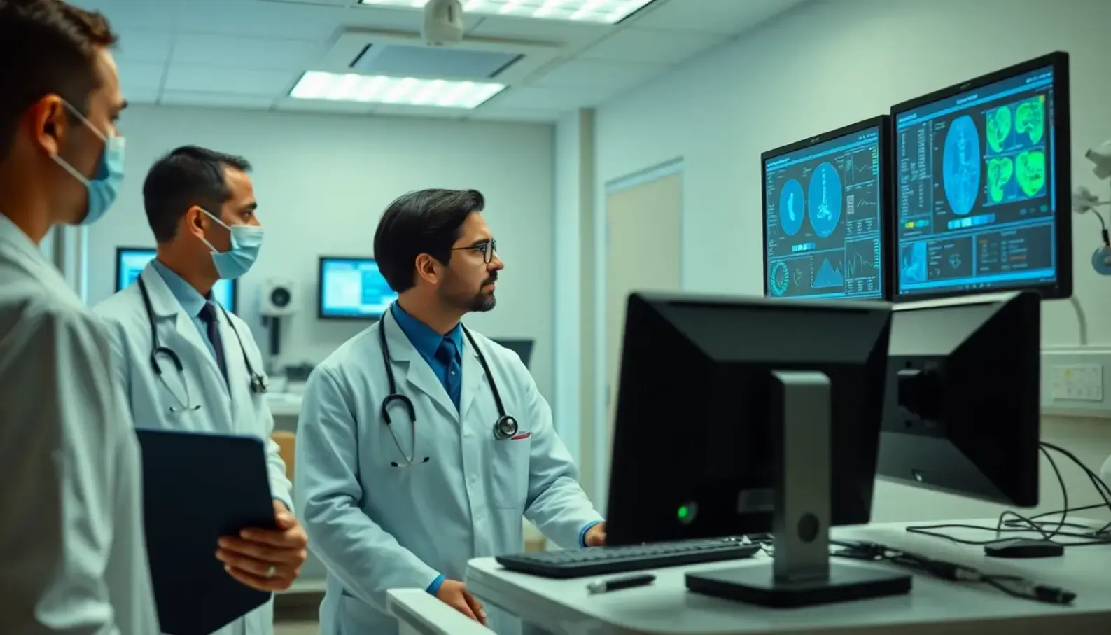 Medical professionals utilizing machine learning applications in a hospital environment to enhance patient care.