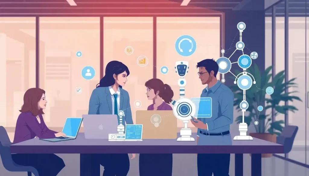 Diverse professionals collaborating with AI technologies in a modern corporate environment.