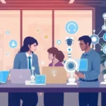 Diverse professionals collaborating with AI technologies in a modern corporate environment.