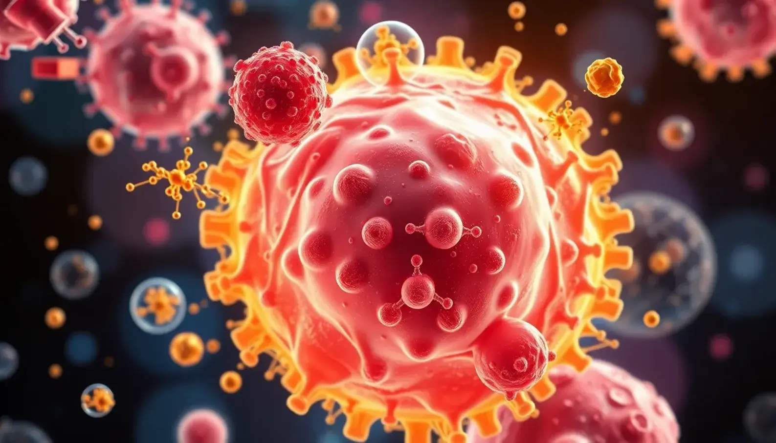 Illustration of nanoparticles interacting with biological systems for medical applications.