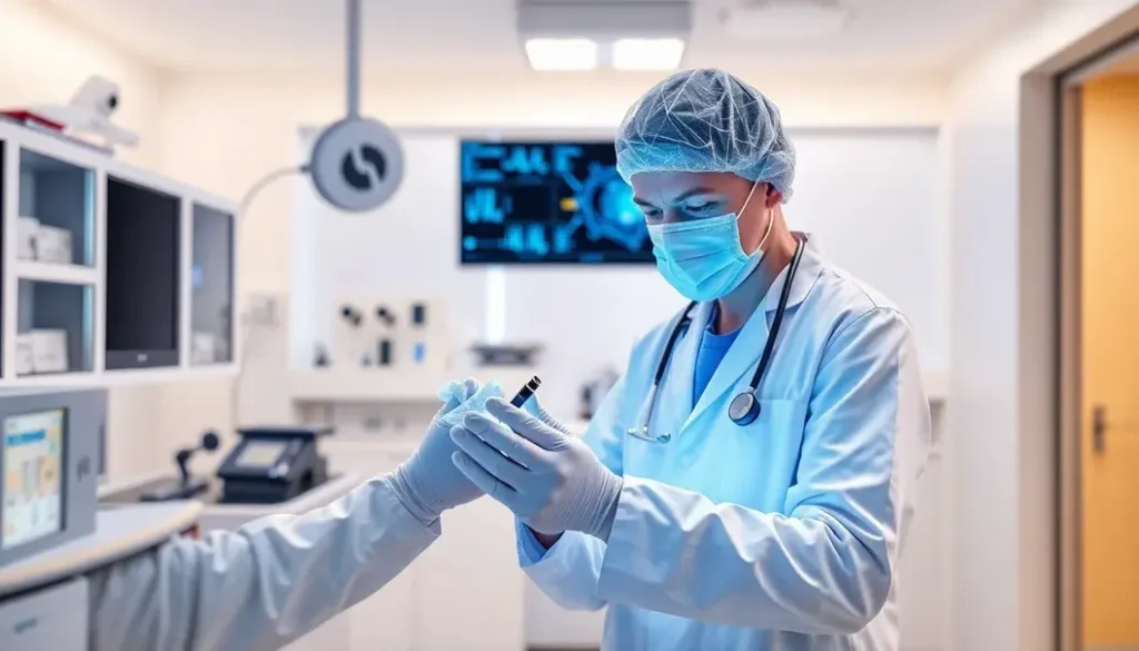 A medical professional engaging with nanotechnology tools, representing innovation in nanomedicine.