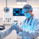 A medical professional engaging with nanotechnology tools, representing innovation in nanomedicine.