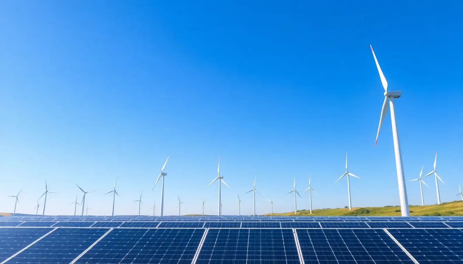 A solar farm and wind turbines represent the booming renewable energy investment landscape.