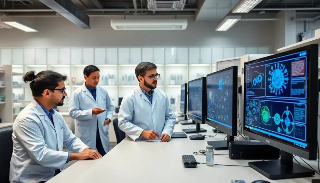 Scientists in a lab using AI technology for drug discovery.