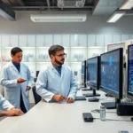 Scientists in a lab using AI technology for drug discovery.