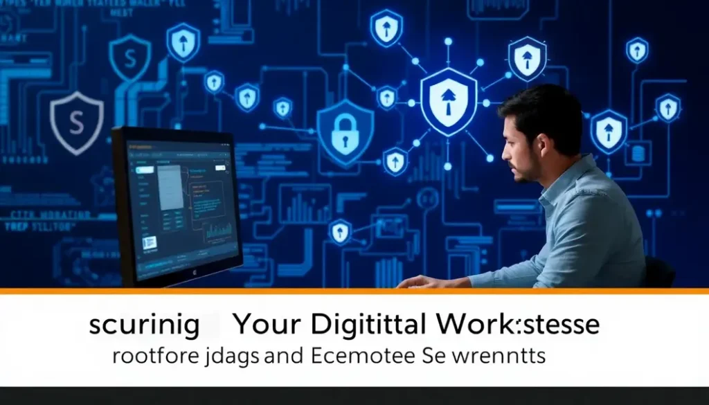 A visual representation of a secure workspace highlighting cybersecurity measures in a remote work setting.