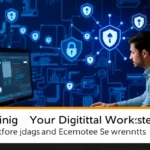 A visual representation of a secure workspace highlighting cybersecurity measures in a remote work setting.