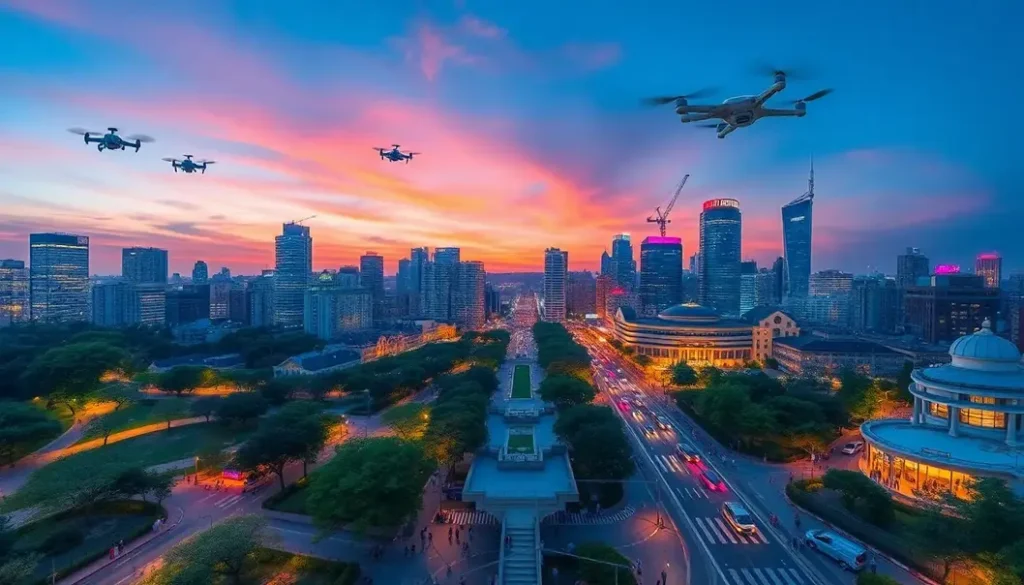 A picturesque smart city skyline at twilight, featuring advanced technology and active streets.
