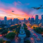 A picturesque smart city skyline at twilight, featuring advanced technology and active streets.