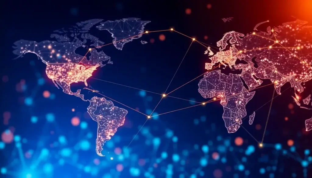 A world map showcasing the integration of blockchain technology in global supply chain connections.