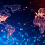 A world map showcasing the integration of blockchain technology in global supply chain connections.