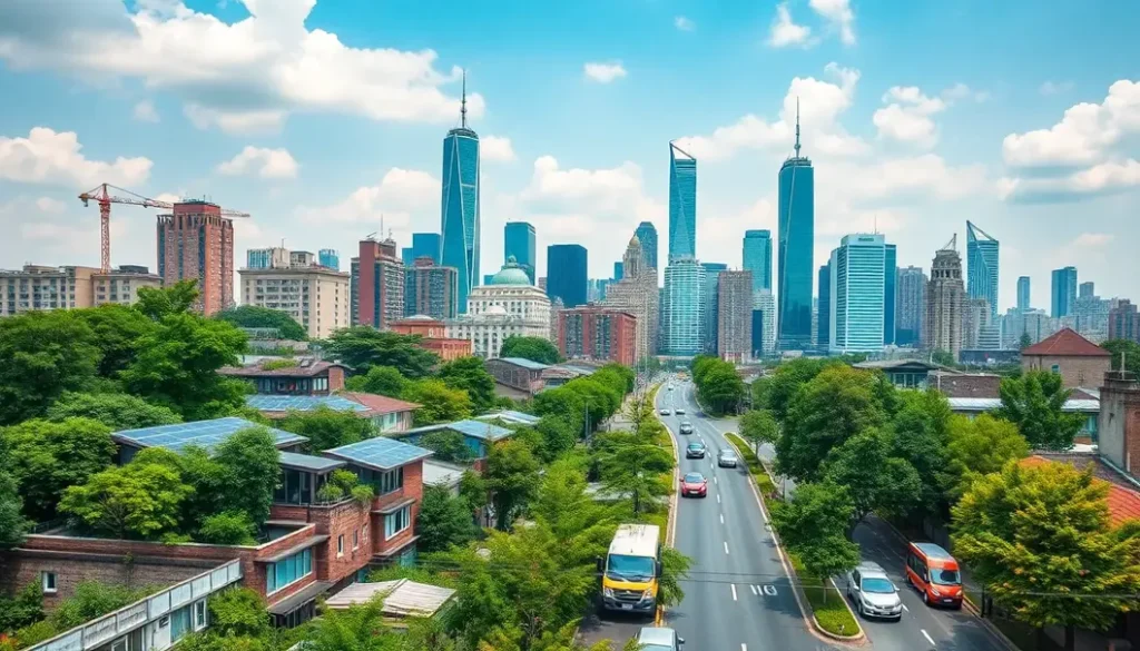 A city skyline featuring greenery, solar panels, and electric vehicles, representing the fusion of urban development and sustainability.