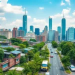A city skyline featuring greenery, solar panels, and electric vehicles, representing the fusion of urban development and sustainability.