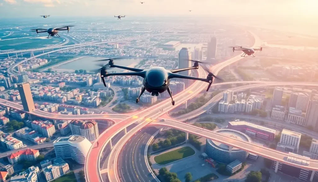 An illustration showing a city fully integrated with urban air mobility, including eVTOL services and aerial pathways.