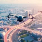 An illustration showing a city fully integrated with urban air mobility, including eVTOL services and aerial pathways.