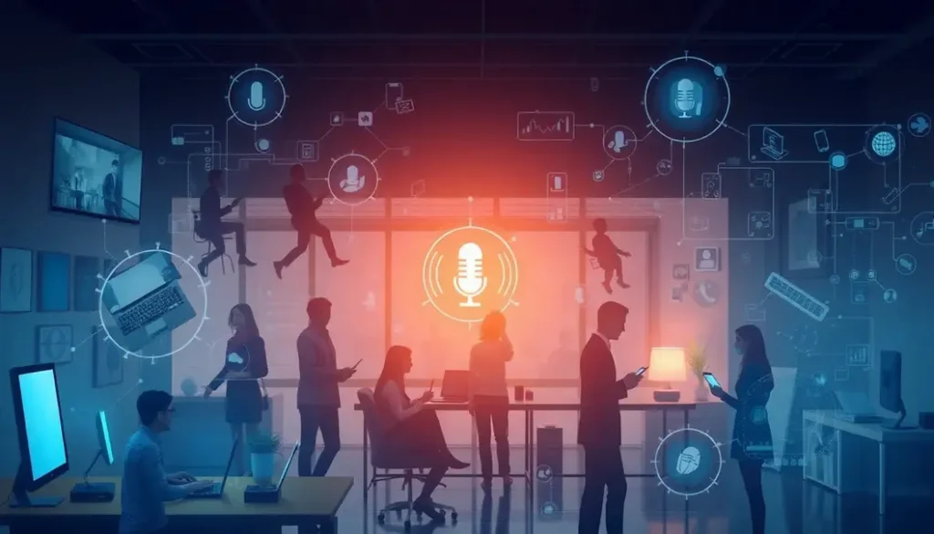 People using various voice recognition gadgets in home, office, and casual settings.
