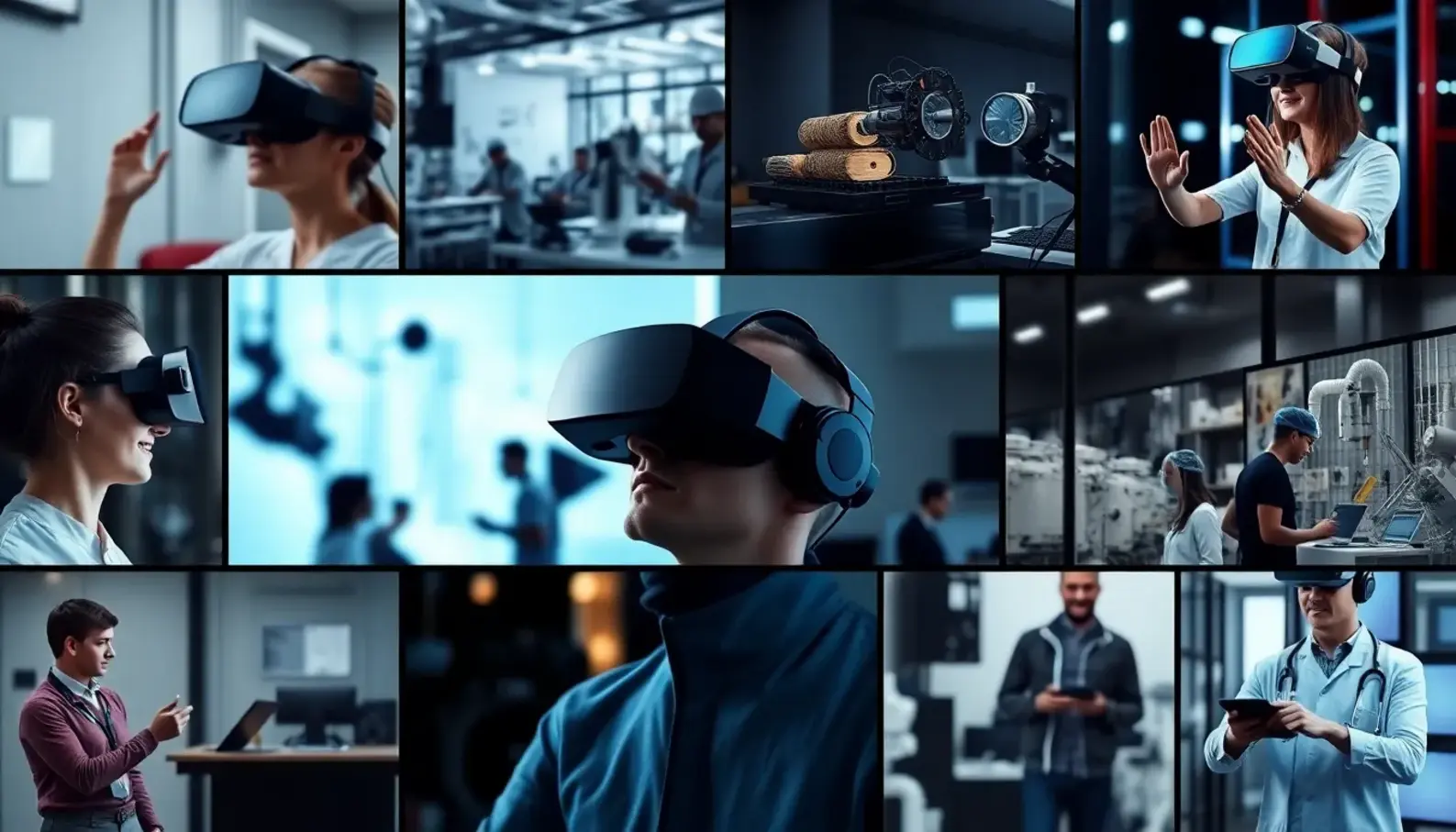 Employees engaged in a VR training session, highlighting the immersive nature of virtual reality in learning.
