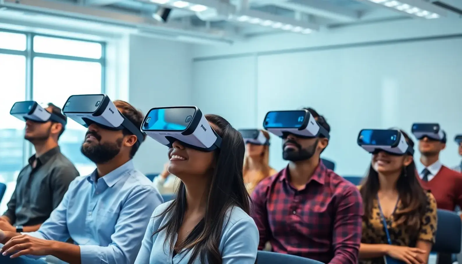 Employees engaged in a VR training session, highlighting the immersive nature of virtual reality in learning.