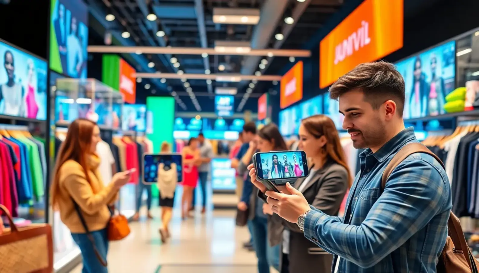 Customers engaging with augmented reality for a personalized shopping experience.
