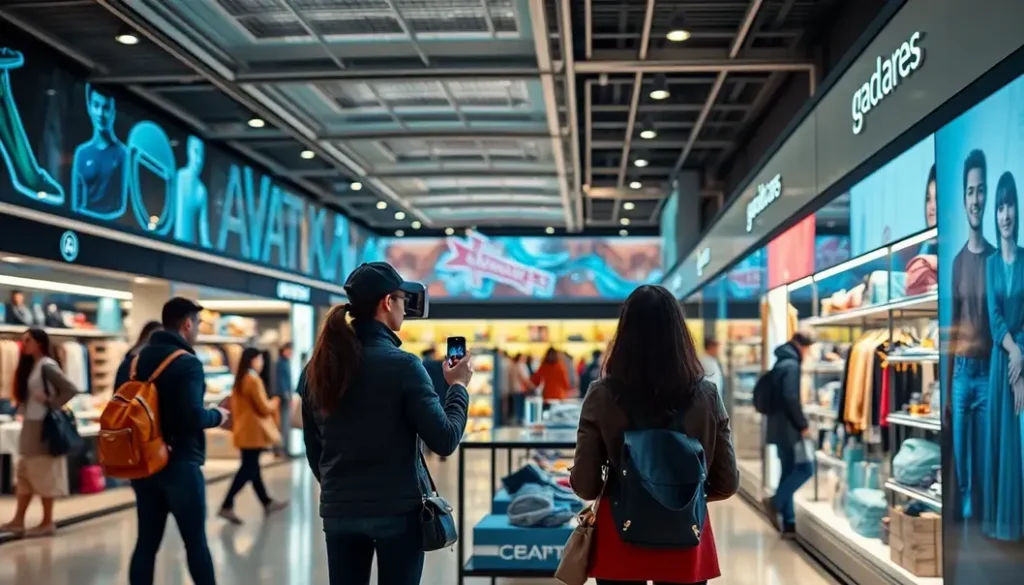 Futuristic retail scenario featuring interactive augmented reality elements enhancing consumer experience.