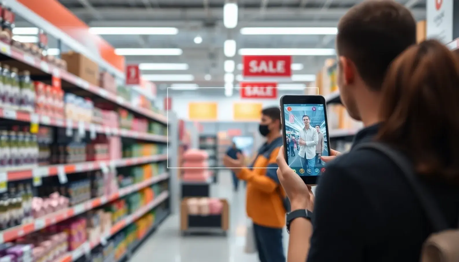 Customers engaging with augmented reality for a personalized shopping experience.