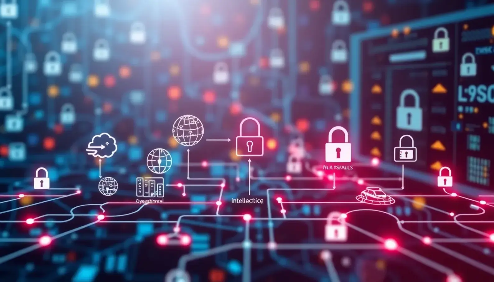 Digital representation of various aspects of Cybersecurity Threat Intelligence.