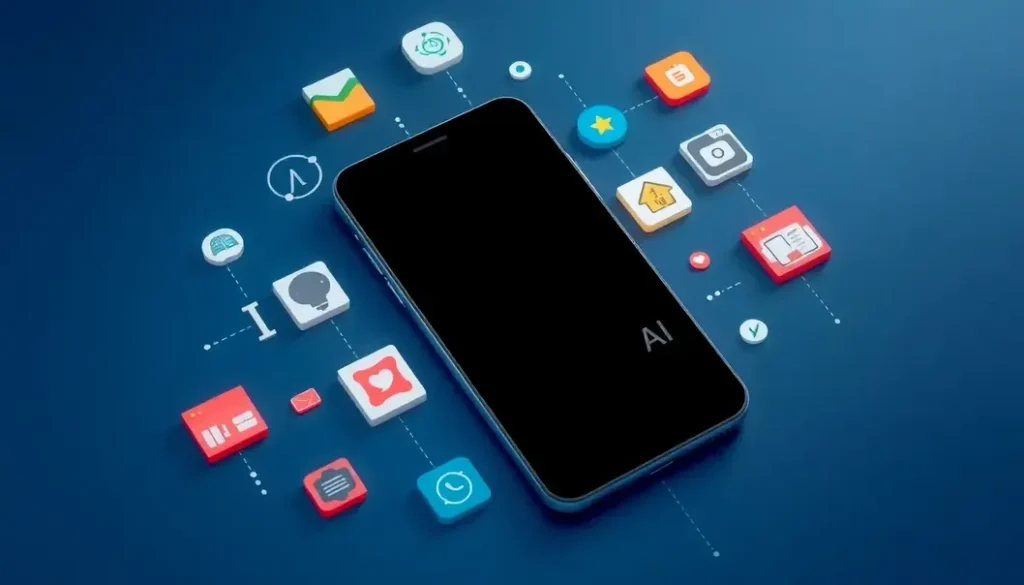 A smartphone surrounded by icons representing current trends in mobile app development, highlighting AI, user interface design, and cross-platform frameworks.