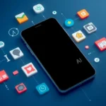 A smartphone surrounded by icons representing current trends in mobile app development, highlighting AI, user interface design, and cross-platform frameworks.