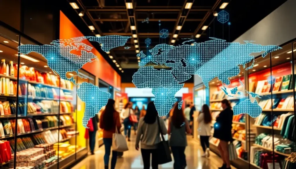 A bustling retail store with customers interacting, showcasing the influence of data analytics in the shopping experience.
