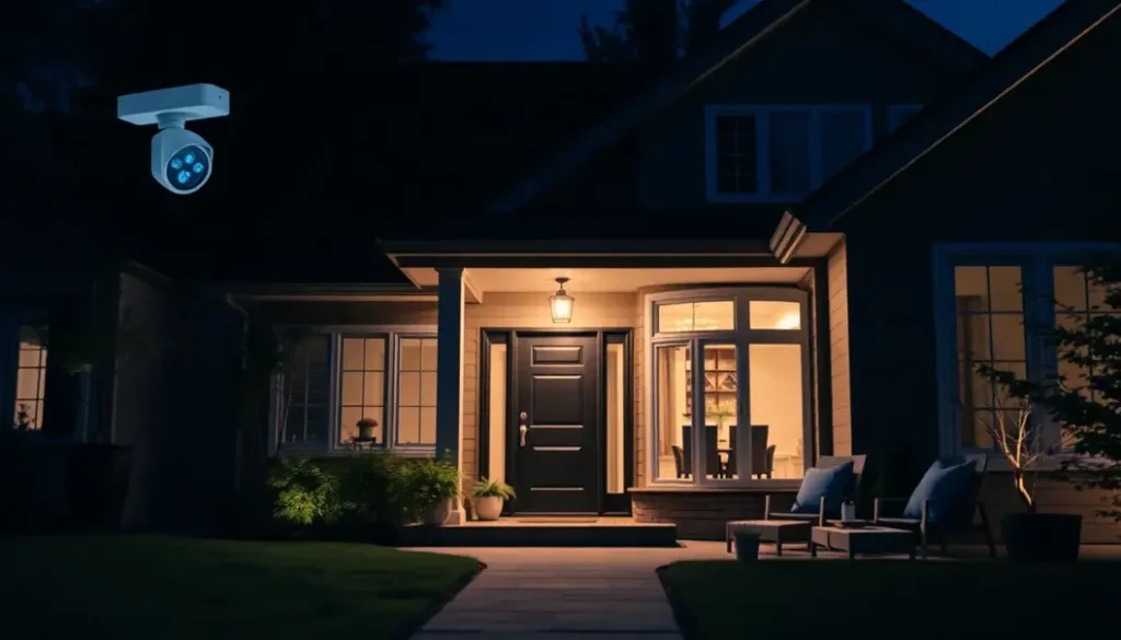 A modern home at night with visible smart security features like cameras and lights.