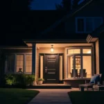 A modern home at night with visible smart security features like cameras and lights.