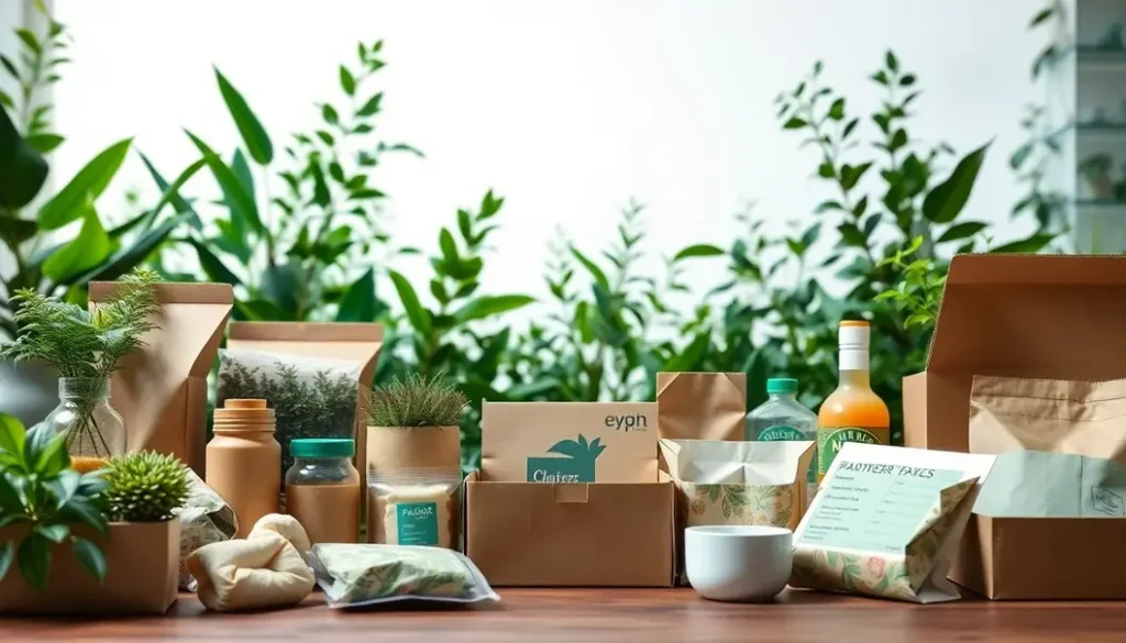 Various sustainable packaging solutions showcased among greenery.