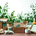 Various sustainable packaging solutions showcased among greenery.