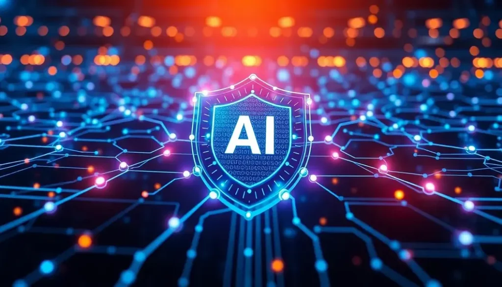 A digital illustration showing AI in cybersecurity with a network, systems, and protective elements.