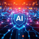 A digital illustration showing AI in cybersecurity with a network, systems, and protective elements.