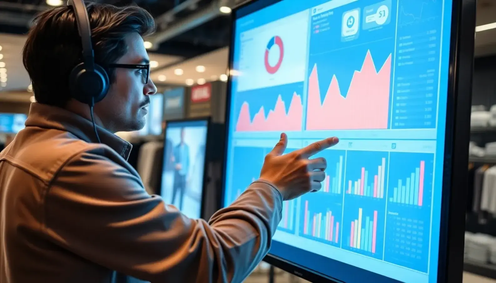 A retail manager utilizing AI analytics to make informed business decisions.