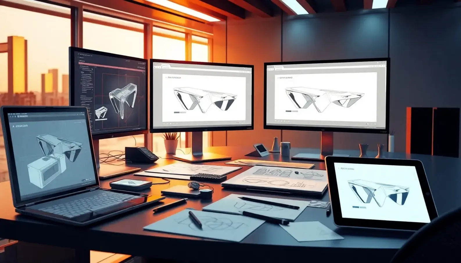 An artist collaborates with AI tools in a vibrant studio.