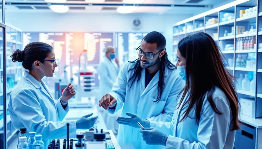 An illustration of diverse scientists working with AI systems in a laboratory focused on drug discovery.