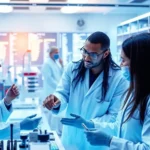 An illustration of diverse scientists working with AI systems in a laboratory focused on drug discovery.