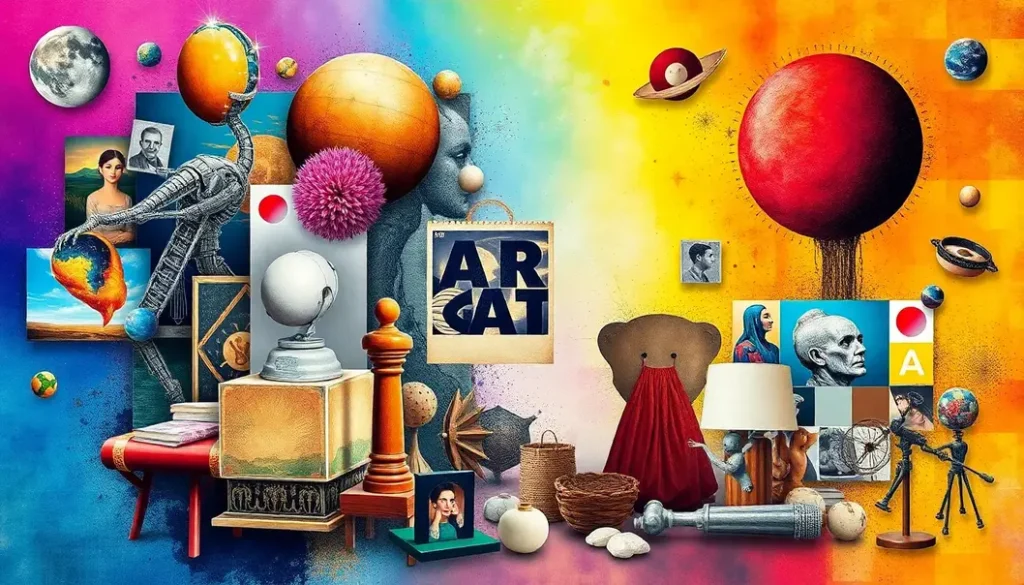 A montage of AI-generated art alongside traditional art, representing the blend of technology and human creativity.