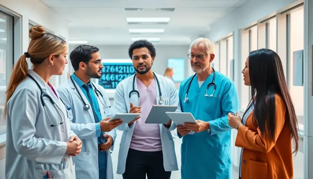 Healthcare teams discussing AI innovations in a modern hospital environment.